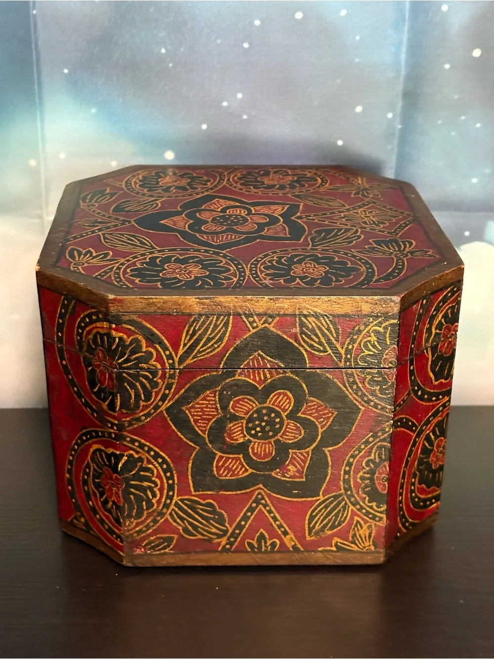 Pier One Decorative Box Floral red, black,gold wooden storage keepsake. PO